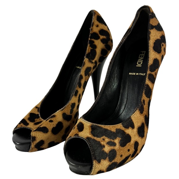 FENDI Calfskin Leopard Peep Toe Heeled Pumps Made in Italy Marked as 36.5-6.5US - Picture 3 of 10